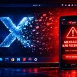 Tela de desktop Linux em dark mode com um grande “X” (X11) se desintegrando, ao lado de um smartphone com o app Flare exibindo alerta “Mensagens não recebidas”.