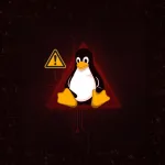 Tux (mascote do Linux) ao lado de um ícone de alerta, sobre um triângulo vermelho em fundo escuro com padrão tecnológico.