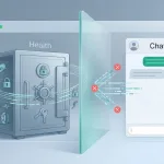 Ilustração de um ambiente “Health” isolado em silo criptografado dentro do ChatGPT, separado do chat comum por uma barreira que impede o acesso aos dados.