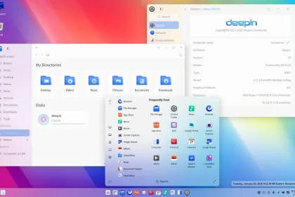 Captura de tela do Deepin 25.0.10 com o File Manager aberto, menu de aplicativos e janela “Sobre este PC” exibindo a versão do sistema.
