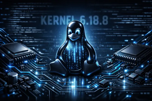 Banner técnico do Linux Kernel com Tux, circuitos eletrônicos e chips de CPU, destacando o Kernel 6.18.8.