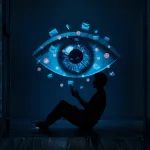 Silhueta usando o celular sob um olho digital gigante que monitora e-mails e notificações, simbolizando vigilância e perda de privacidade com IA.