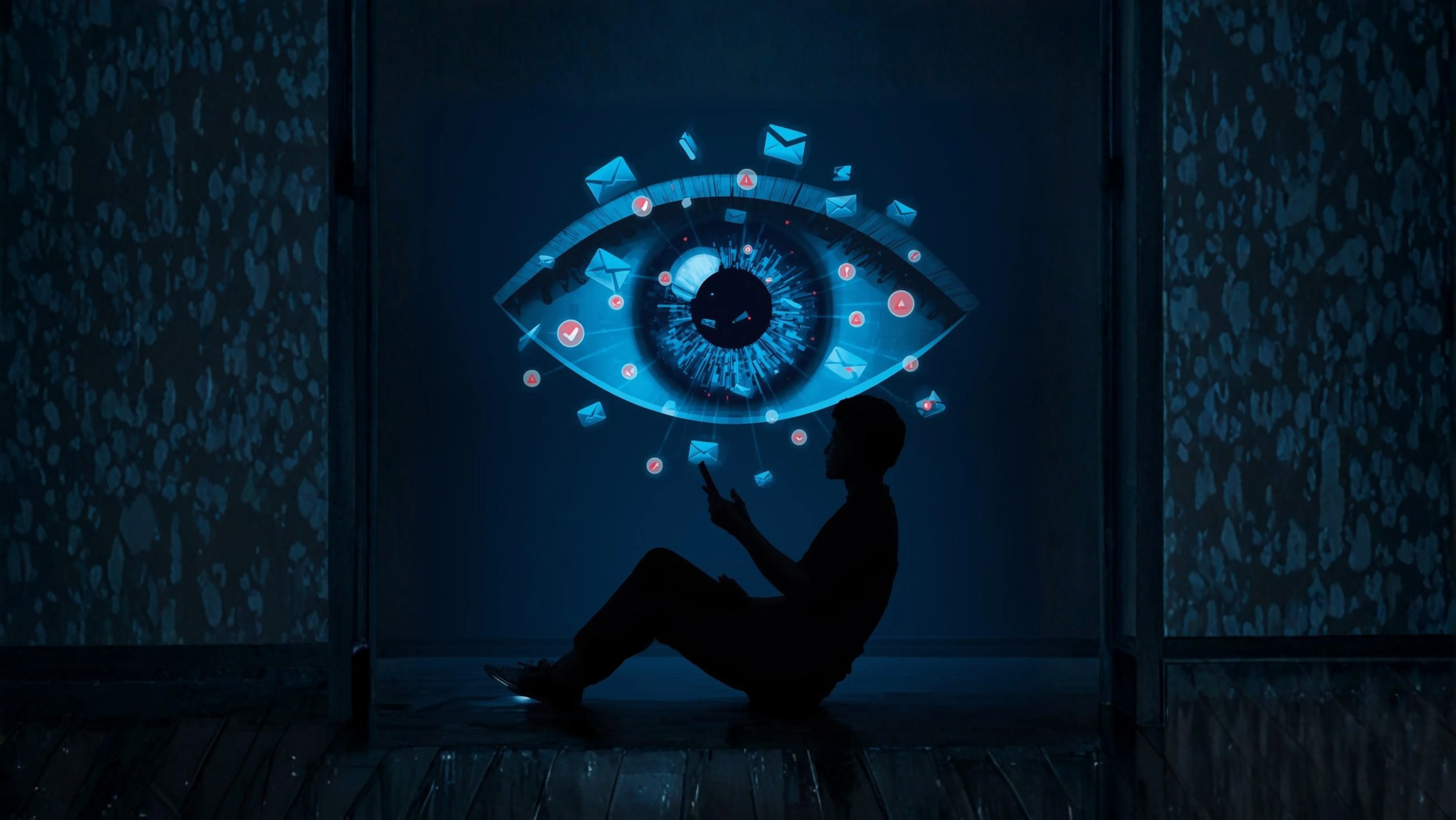 Silhueta usando o celular sob um olho digital gigante que monitora e-mails e notificações, simbolizando vigilância e perda de privacidade com IA.