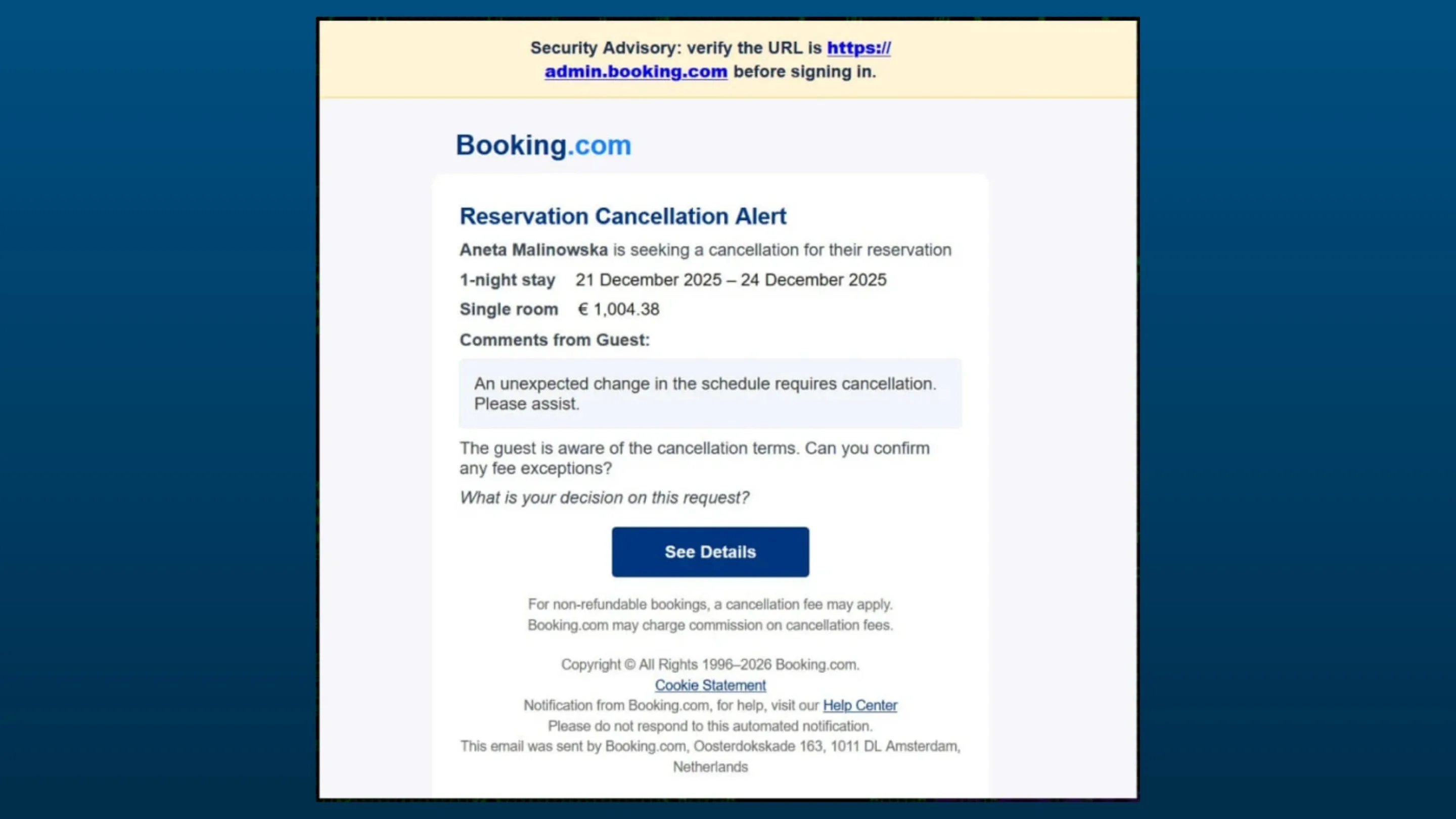 Alerta falso de cancelamento de reserva no Booking.com