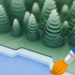 Ilustração em estilo papel recortado com árvores em camadas ao fundo, um lago em azul claro e um pincel com tinta laranja no canto direito.