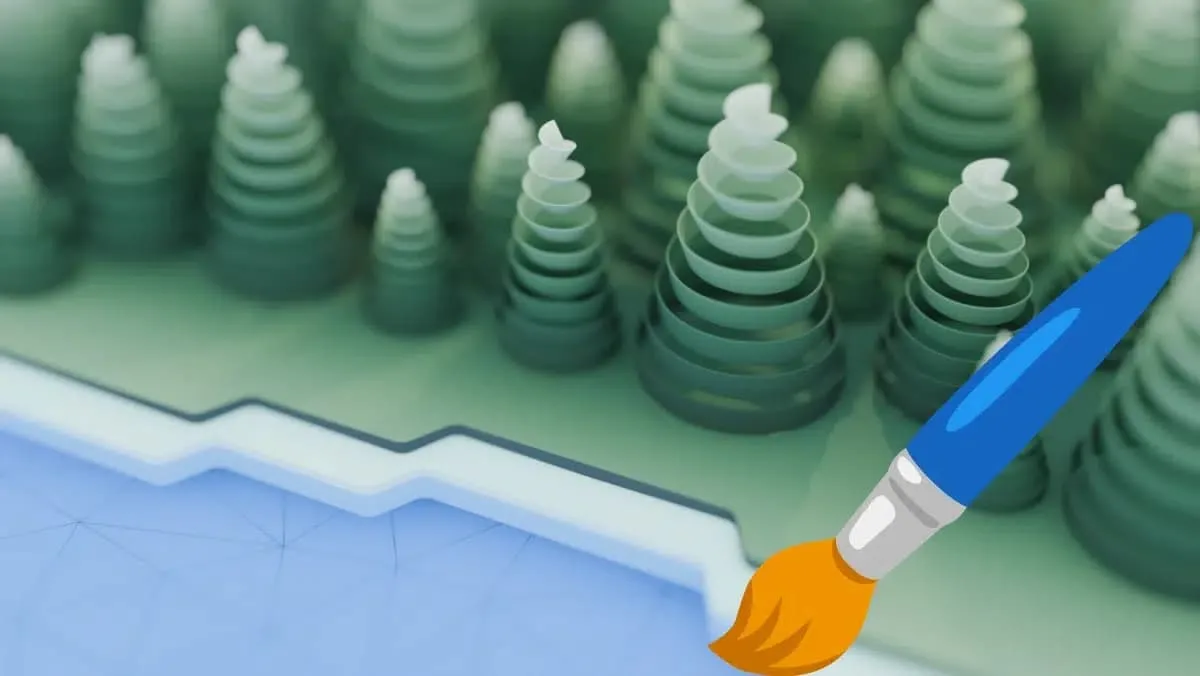 Ilustração em estilo papel recortado com árvores em camadas ao fundo, um lago em azul claro e um pincel com tinta laranja no canto direito.