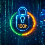 Cadeado digital neon com anel de contagem regressiva e texto “160h”, sobre fundo de código estilo matrix e racks de servidores desfocados.