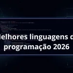 Ilustração abstrata em fundo escuro com código e elementos que representam Linux, cloud e inteligência artificial em 2026.