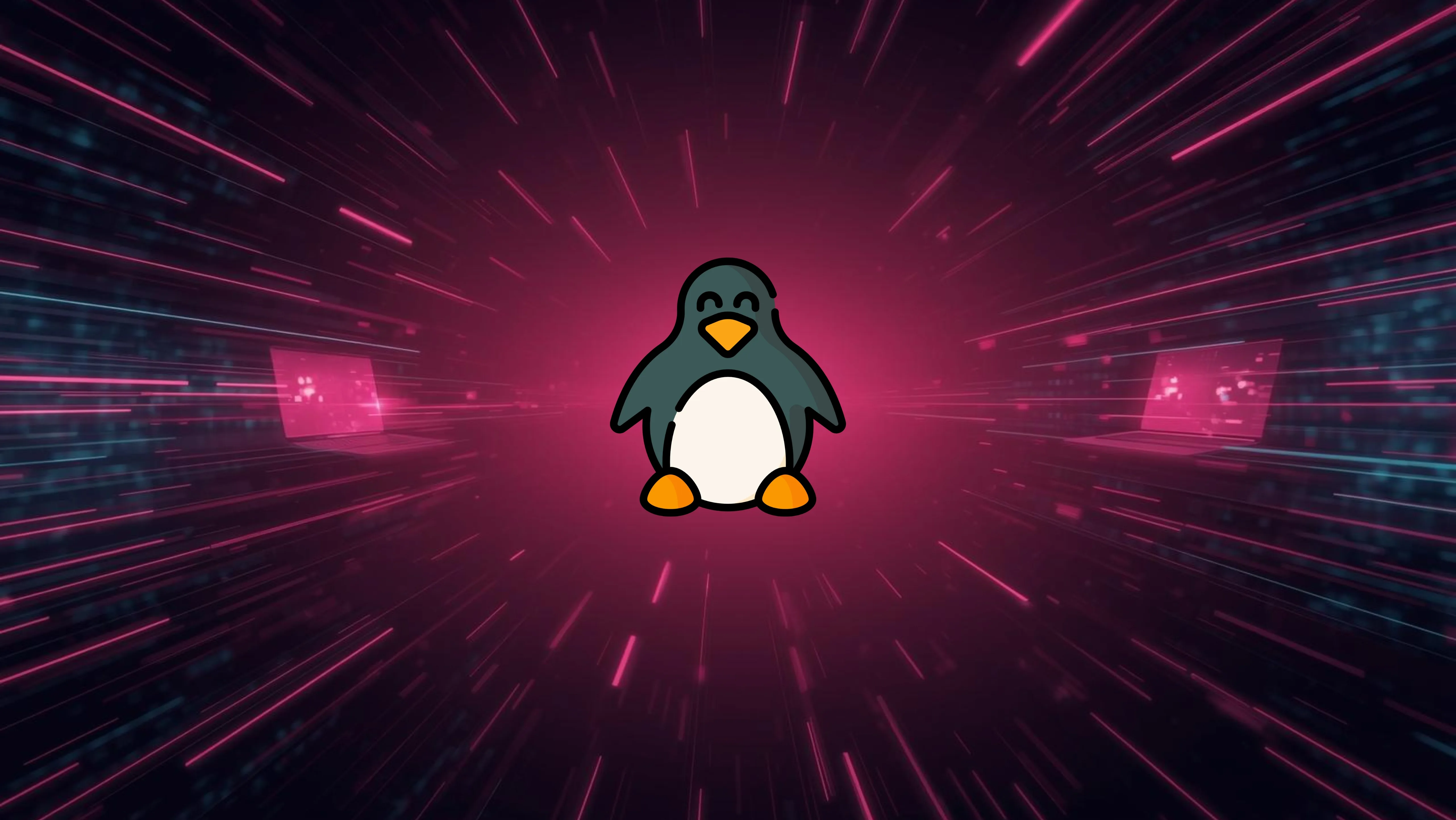 Arte abstrata de tecnologia com espaço central limpo e referências sutis a laptop e código, representando o Linux 6.19-rc4 e correções pós-feriados.