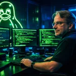 Linus Torvalds em um escritório moderno, olhando para múltiplos monitores com linhas de código em verde terminal, com um Tux estilizado em néon ao fundo. Paleta com azul profundo e verde terminal, alto contraste, atmosfera de urgência técnica.