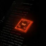 Chip brilhando em laranja com a palavra “Bad” sobre um fundo escuro de código no terminal, indicando alerta de economia de energia.