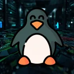 Tux (mascote do Linux) em destaque sobre um data center, simbolizando otimização de performance do kernel.