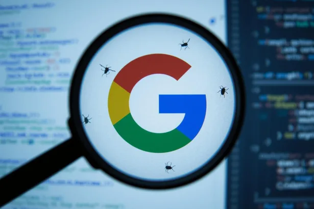 Logotipo do Google sendo analisado por uma lupa digital, simbolizando a correção de alucinações em respostas de IA na Busca.