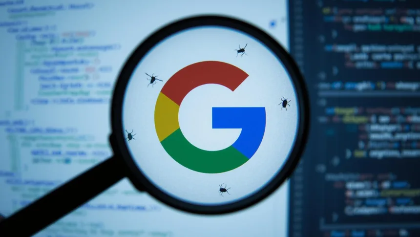 Logotipo do Google sendo analisado por uma lupa digital, simbolizando a correção de alucinações em respostas de IA na Busca.