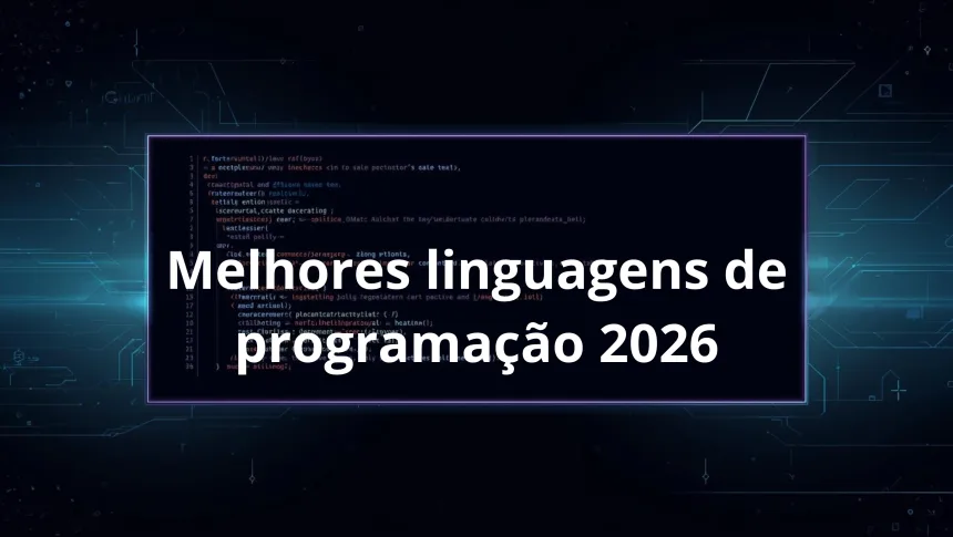 Ilustração abstrata em fundo escuro com código e elementos que representam Linux, cloud e inteligência artificial em 2026.