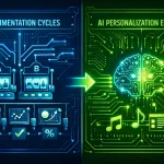 Representação Conceitual: Arquitetura de IA do Spotify separando sistemas de personalização e experimentação em IA