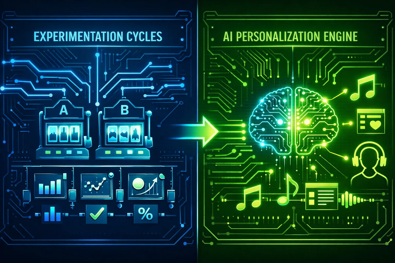 Representação Conceitual: Arquitetura de IA do Spotify separando sistemas de personalização e experimentação em IA