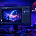 Monitor com o Photoshop CC rodando no Linux em visual neon roxo e azul, terminal ao fundo e selo “Sem dual-boot” com o logo do Windows riscado.