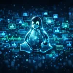 Ilustração em estilo de visualização de dados com o mascote Linux Tux em forma holográfica, cercado por ícones de aprovação e pulsos digitais que representam o consenso da comunidade open source.