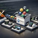 Ilustração do X.Org com bibliotecas migrando para Meson, representadas por ícones de build e um terminal Linux ao fundo.