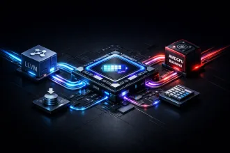 Pipeline de compilação no Linux representando o LLVM e o backend AMDGPU com destaque para a nova geração GFX13.