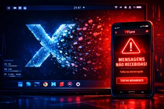 Tela de desktop Linux em dark mode com um grande “X” (X11) se desintegrando, ao lado de um smartphone com o app Flare exibindo alerta “Mensagens não recebidas”.