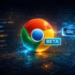 Logo do Google Chrome 146 beta com destaque para interface de inteligência artificial Glic e código HTML.
