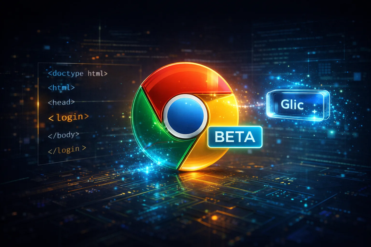 Logo do Google Chrome 146 beta com destaque para interface de inteligência artificial Glic e código HTML.