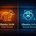 Comparação visual entre Ubuntu 24.04 Noble Numbat e Ubuntu 26.04 Resolute Raccoon em banner tecnológico de tela dividida.