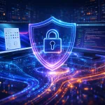 Ilustração futurista em estilo isométrico mostrando um escudo holográfico com cadeado brilhante no centro, conectando com segurança duas telas, uma com interface do Windows 11 e outra com terminal Linux indicando “FreeRDP Connected”, sobre um data center abstrato com fluxos de dados luminosos, simbolizando atualização de segurança e conectividade digital.