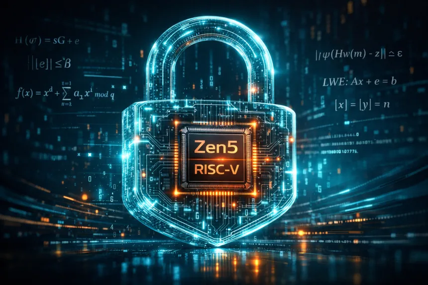 Ilustração digital futurista de um cadeado 3D translúcido formado por circuitos e dados binários, com um chip brilhante ao centro marcado “Zen5” e “RISC-V”, cercado por fórmulas de criptografia pós-quântica sobre um fundo azul-escuro em gradiente, transmitindo segurança e tecnologia avançada.
