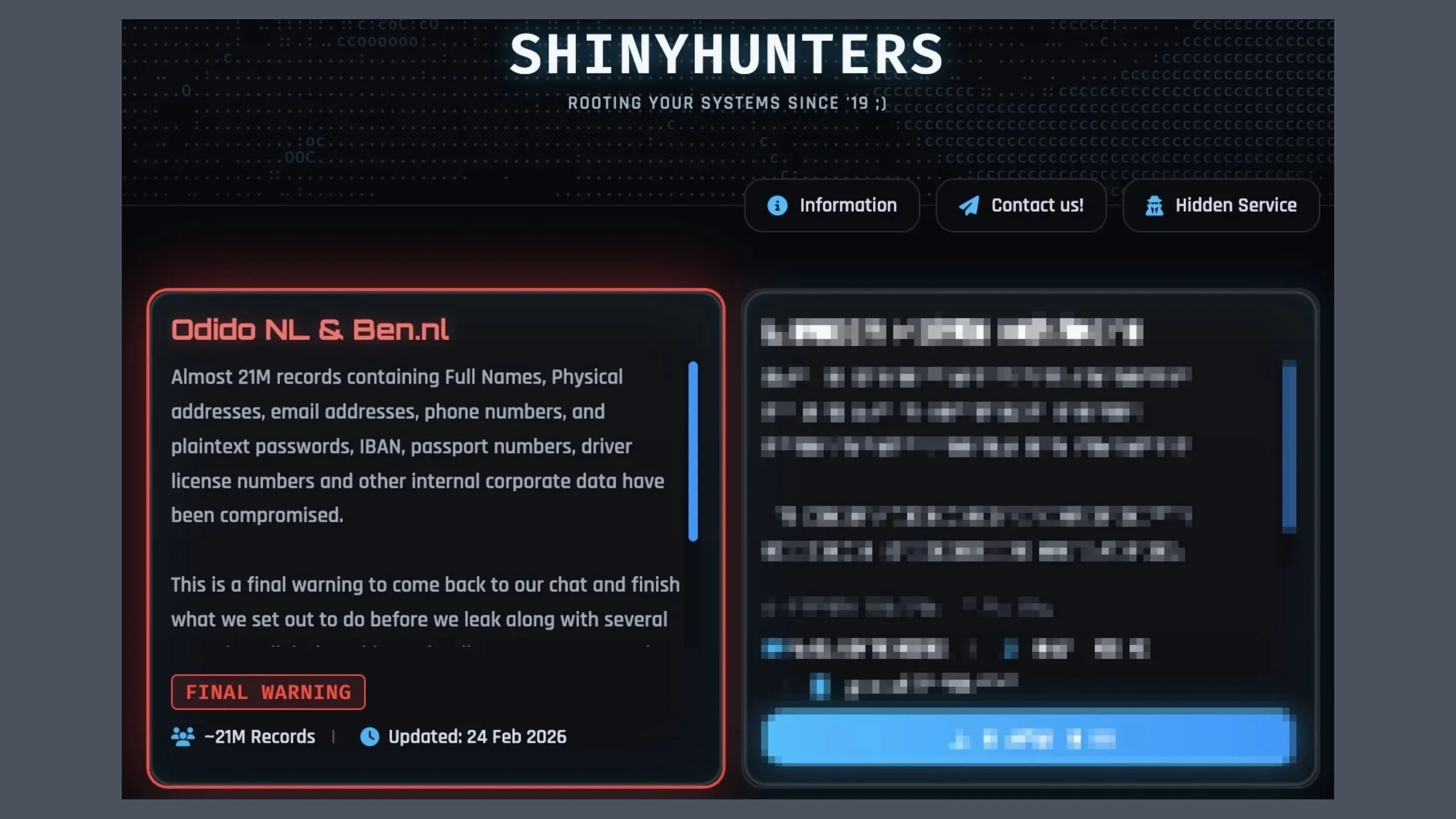 Odido no site de vazamento do ShinyHunters
