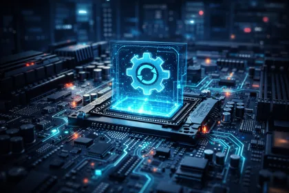 Close cinematográfico de placa-mãe com CPU brilhando e engrenagem holográfica representando atualização e estabilidade do sistema.