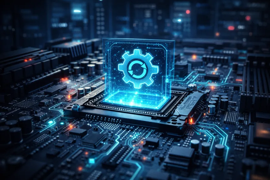 Close cinematográfico de placa-mãe com CPU brilhando e engrenagem holográfica representando atualização e estabilidade do sistema.