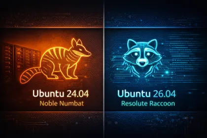 Comparação visual entre Ubuntu 24.04 Noble Numbat e Ubuntu 26.04 Resolute Raccoon em banner tecnológico de tela dividida.