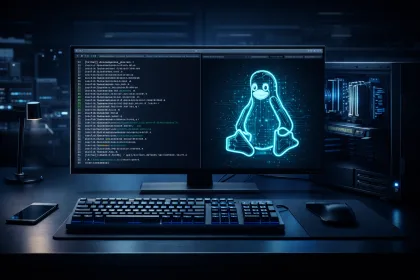 Estação de trabalho de desenvolvedor com monitor 4K exibindo terminal Linux e compilação do kernel, logo Tux em azul neon, teclado mecânico iluminado e PC de alto desempenho em ambiente profissional.