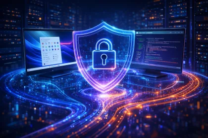 Ilustração futurista em estilo isométrico mostrando um escudo holográfico com cadeado brilhante no centro, conectando com segurança duas telas, uma com interface do Windows 11 e outra com terminal Linux indicando “FreeRDP Connected”, sobre um data center abstrato com fluxos de dados luminosos, simbolizando atualização de segurança e conectividade digital.