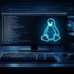 Estação de trabalho de desenvolvedor com monitor 4K exibindo terminal Linux e compilação do kernel, logo Tux em azul neon, teclado mecânico iluminado e PC de alto desempenho em ambiente profissional.