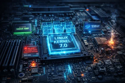 Ilustração técnica do Linux Kernel 7.0 mostrando novos recursos de memória, suporte a NVIDIA e Intel, e alerta crítico de regressão XFS em armazenamento.
