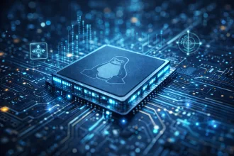 Close cinematográfico de um microchip de silício futurista com circuitos luminosos em azul e ciano, exibindo a gravação minimalista do pinguim Linux (Tux) na superfície. Ao redor do chip, fluxos de dados digitais e ícones de sensores como acelerômetro e giroscópio flutuam em fundo desfocado com efeito bokeh, transmitindo inovação tecnológica e computação de ponta.