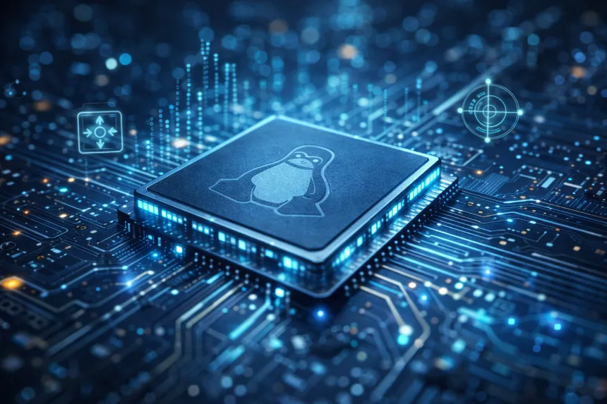 Close cinematográfico de um microchip de silício futurista com circuitos luminosos em azul e ciano, exibindo a gravação minimalista do pinguim Linux (Tux) na superfície. Ao redor do chip, fluxos de dados digitais e ícones de sensores como acelerômetro e giroscópio flutuam em fundo desfocado com efeito bokeh, transmitindo inovação tecnológica e computação de ponta.
