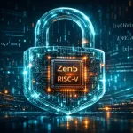 Ilustração digital futurista de um cadeado 3D translúcido formado por circuitos e dados binários, com um chip brilhante ao centro marcado “Zen5” e “RISC-V”, cercado por fórmulas de criptografia pós-quântica sobre um fundo azul-escuro em gradiente, transmitindo segurança e tecnologia avançada.