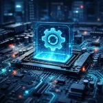 Close cinematográfico de placa-mãe com CPU brilhando e engrenagem holográfica representando atualização e estabilidade do sistema.