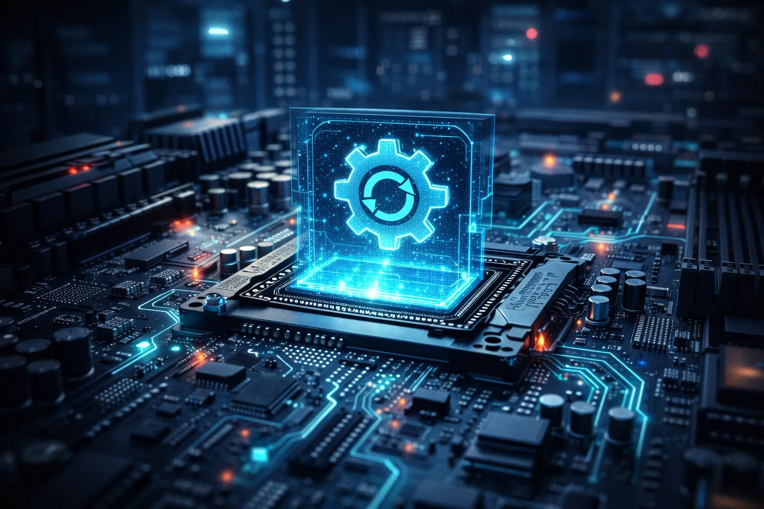 Close cinematográfico de placa-mãe com CPU brilhando e engrenagem holográfica representando atualização e estabilidade do sistema.