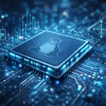 Close cinematográfico de um microchip de silício futurista com circuitos luminosos em azul e ciano, exibindo a gravação minimalista do pinguim Linux (Tux) na superfície. Ao redor do chip, fluxos de dados digitais e ícones de sensores como acelerômetro e giroscópio flutuam em fundo desfocado com efeito bokeh, transmitindo inovação tecnológica e computação de ponta.
