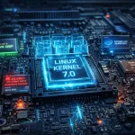 Ilustração técnica do Linux Kernel 7.0 mostrando novos recursos de memória, suporte a NVIDIA e Intel, e alerta crítico de regressão XFS em armazenamento.