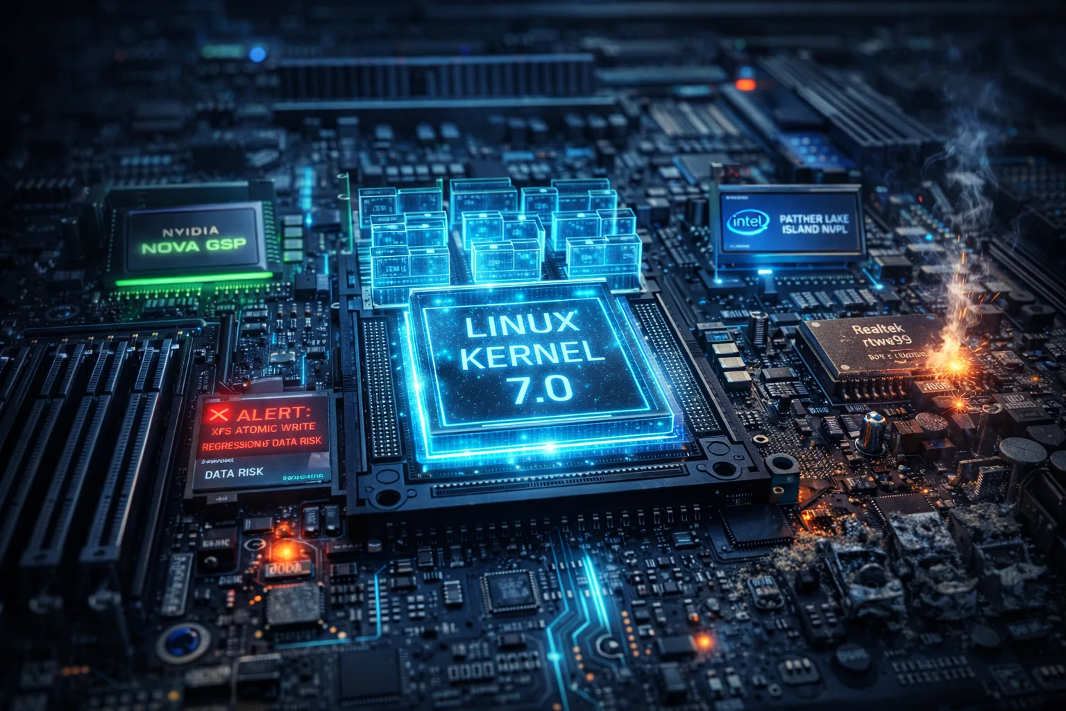 Ilustração técnica do Linux Kernel 7.0 mostrando novos recursos de memória, suporte a NVIDIA e Intel, e alerta crítico de regressão XFS em armazenamento.