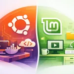 Comparação visual entre Ubuntu e Linux Mint, destacando o Ubuntu com foco em desenvolvimento e o Linux Mint com ambiente de desktop clássico.