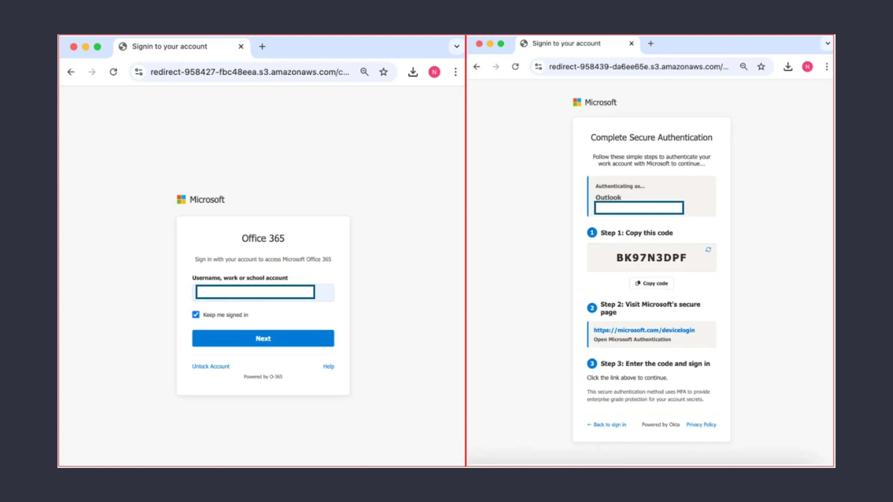 Microsoft Entra e vishing: ataque com código de dispositivo 2 Páginas maliciosas utilizadas na campanha.