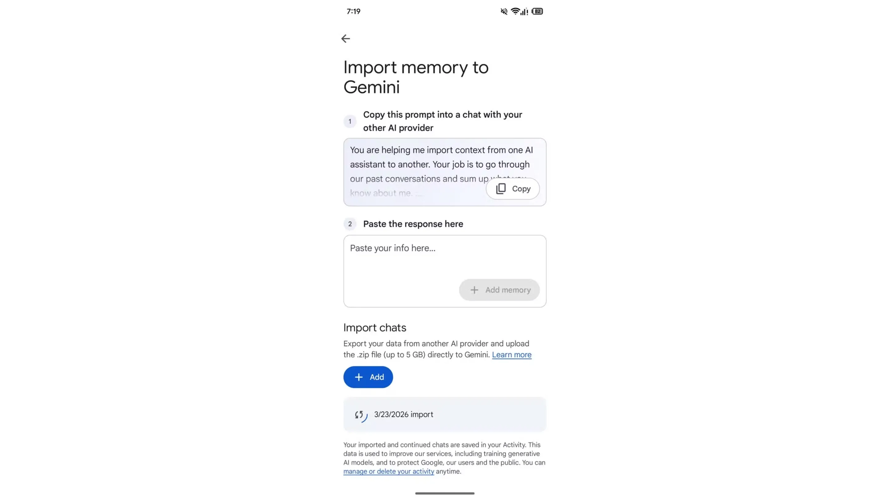 YfKIamNi para google gemini importar dados chatgpt